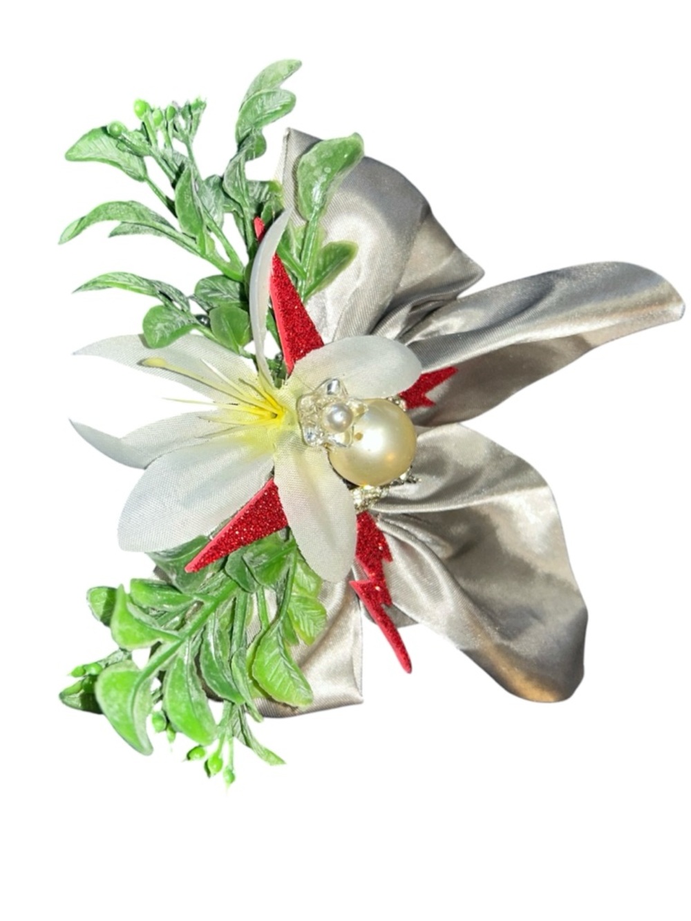 UpCycled Statement Hair Bow Barrette Red Silver Pearl Rhinestone Floral Glam Fun - Picture 7 of 10